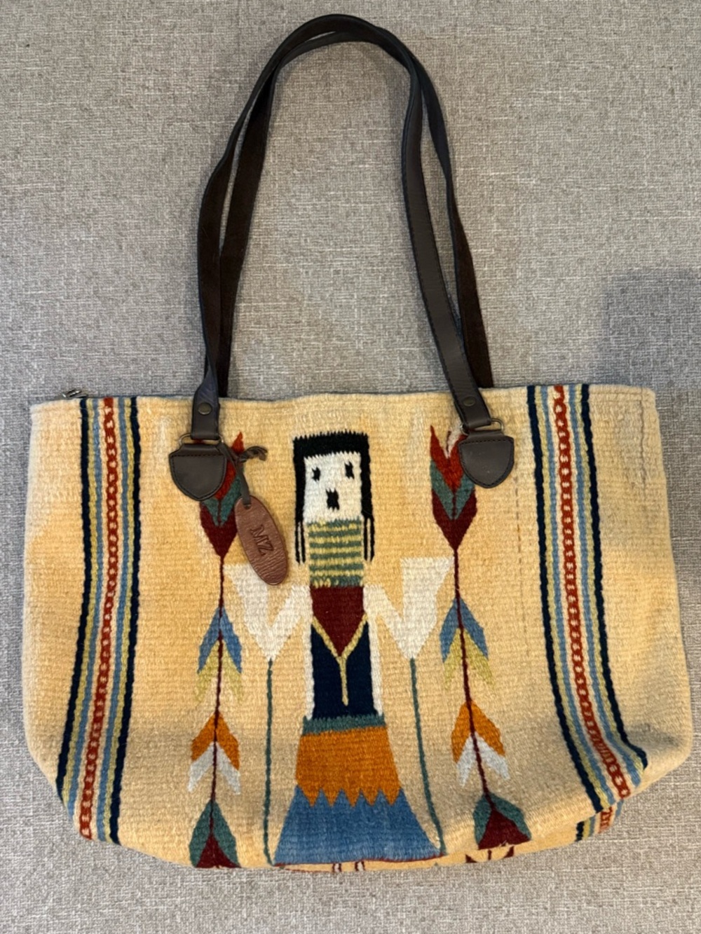Manos Zapotecas Wool Tote Bag Southwestern Handwoven Leather Strap Boho